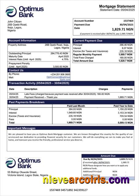 Nigeria Optimus Bank mortgage statement Word and PDF template